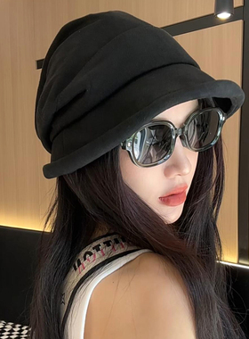 秋冬新款三帽合一麂皮绒渔夫帽子女素颜百搭显脸小堆堆帽时尚盆帽