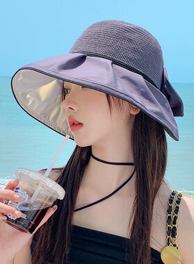 春夏新款日系蝴蝶结彩胶防晒太阳帽子女透气大帽檐防紫外线渔夫帽
