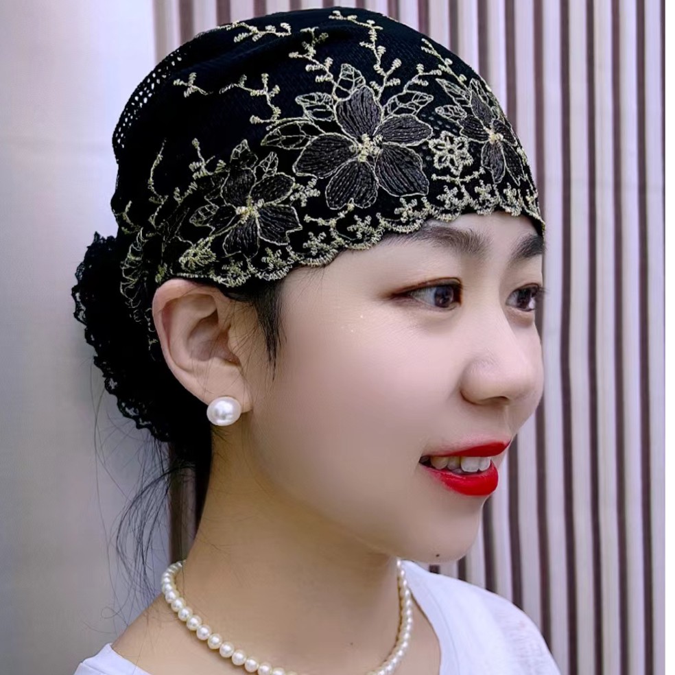 新款花朵刺绣洋气蕾丝盘花包头帽妈妈透气遮白发帽爆款百搭时尚女