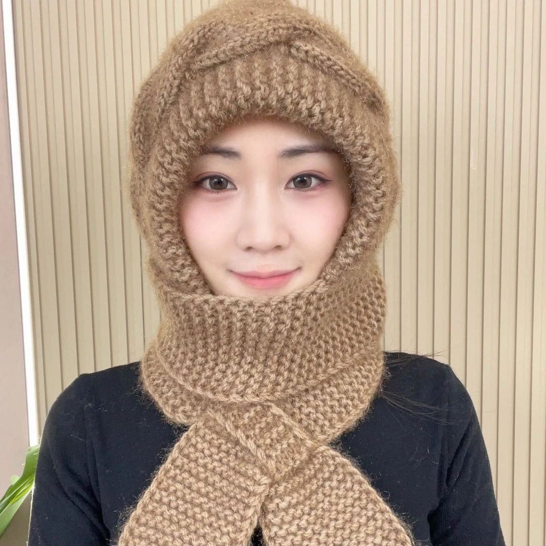 秋冬新款手工针织毛线帽女防风百搭包头护耳帽加厚围脖一体风雪帽