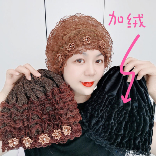 秋冬季新款遮白发中老年人帽蕾丝假发帽时尚包头帽加绒加厚帽子女