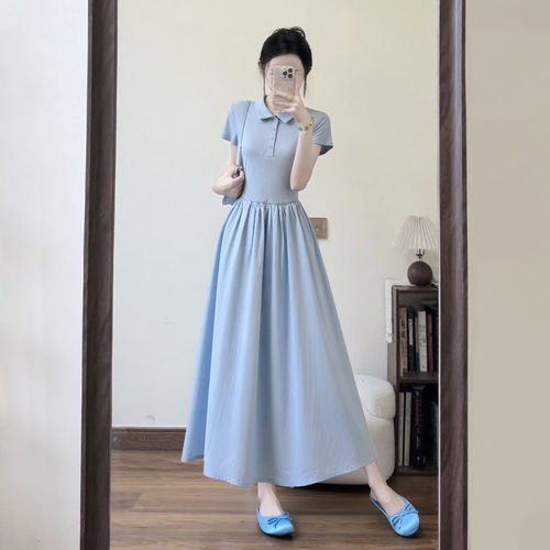 蓝色海边沙滩长裙子女夏修身显瘦收腰a字大裙摆绝美polo领连衣裙