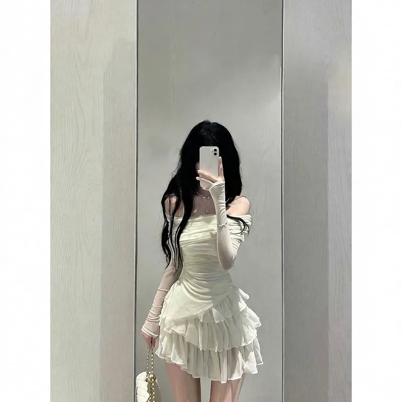 纯欲香肩露肩修身上衣 蛋糕半身裙套装夏装女一字肩辣妹纯欲风两