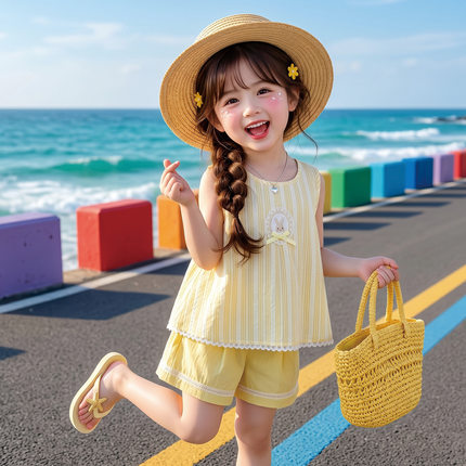 韩国女童条纹短裤套装2026夏季新款学校两件套网红休闲童装代发潮