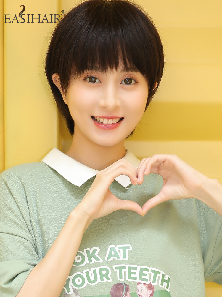 Wig Female short hair Round face Bobble head real hair headgear Full real natural Full headgear wig set Female real human hair