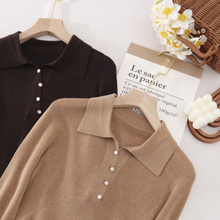 斜扣翻领 蚕丝羊绒春季新款针织衫 原产地直销百搭韩版咖啡色