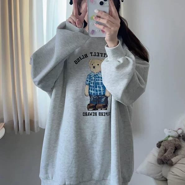 日单 慵懒风卡通 小熊  圆领加绒卫衣 两件包邮