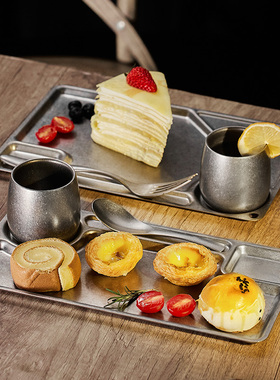 复古工业风托盘咖啡厅不锈钢杯托蛋糕甜品点心金属盘子高级感做旧