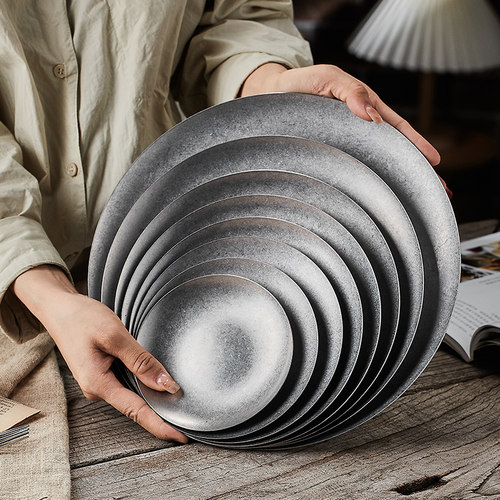 复古雪花灰304不锈钢盘子汉堡盘