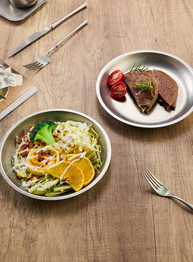 复古做旧餐盘圆形不锈钢盘平盘菜盘家用盘子圆盘高级感深盘西餐盘