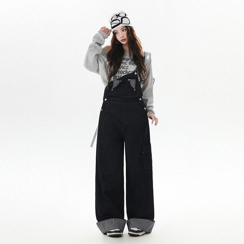 丹宁蓝百搭牛仔背带裤女2025早秋新款不掉色垂感拖地吊带连体裤