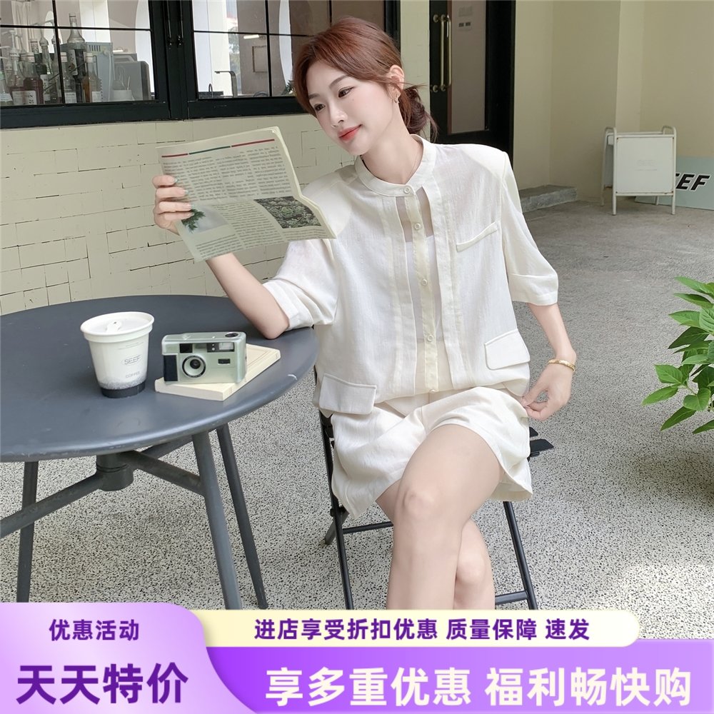 米白色气质通勤高级感衬衫套装女2025年夏季新款小个子短裤两件套