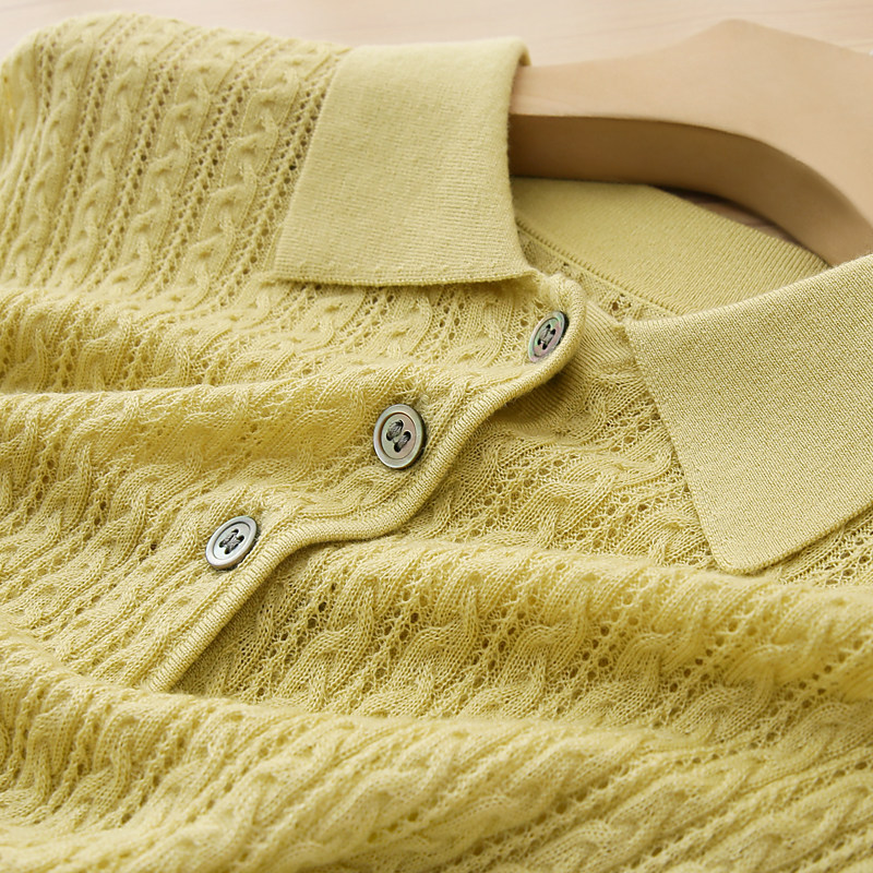 高端！美国老牌拉夫！极细羊毛+桑蚕丝！麻花针织短袖POLO领T恤女