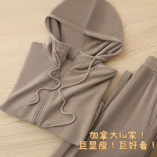 女套装 加拿大L露U 直筒卫裤 绒感磨毛保暖连帽卫衣 原厂炒显瘦
