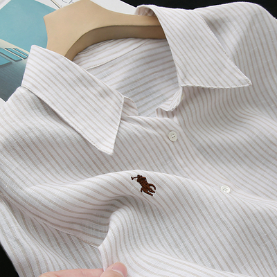 出口欧美外单多余！品质及佳！100纯亚麻条纹衬衫女宽松大码显瘦