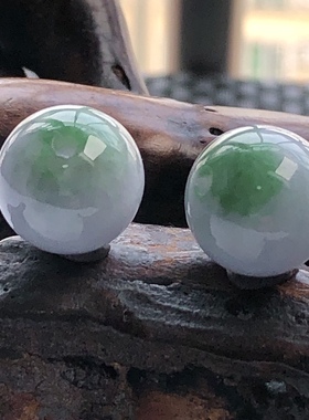 自然光实物拍/缅甸天然翡翠A货春彩耳饰圆珠一对7.58g老坑飘阳绿