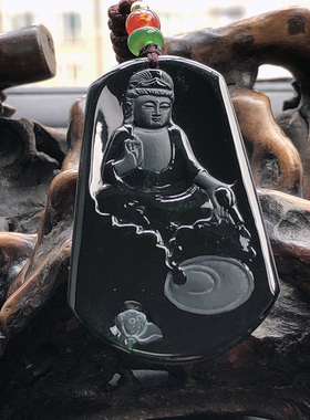 自然光实物拍摄/缅甸天然翡翠A货满黑透光绿墨翠观音挂件12.72g