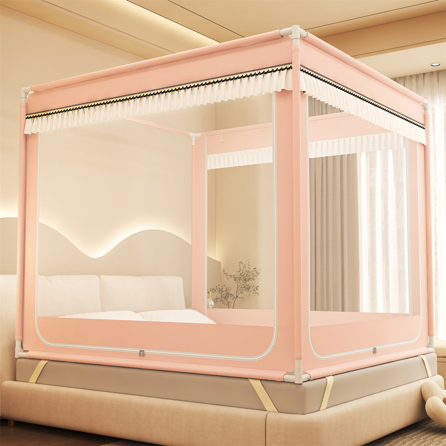 2026新款全底防摔蚊帐防掉床全罩式蒙古包U型三开门方帐家用卧室