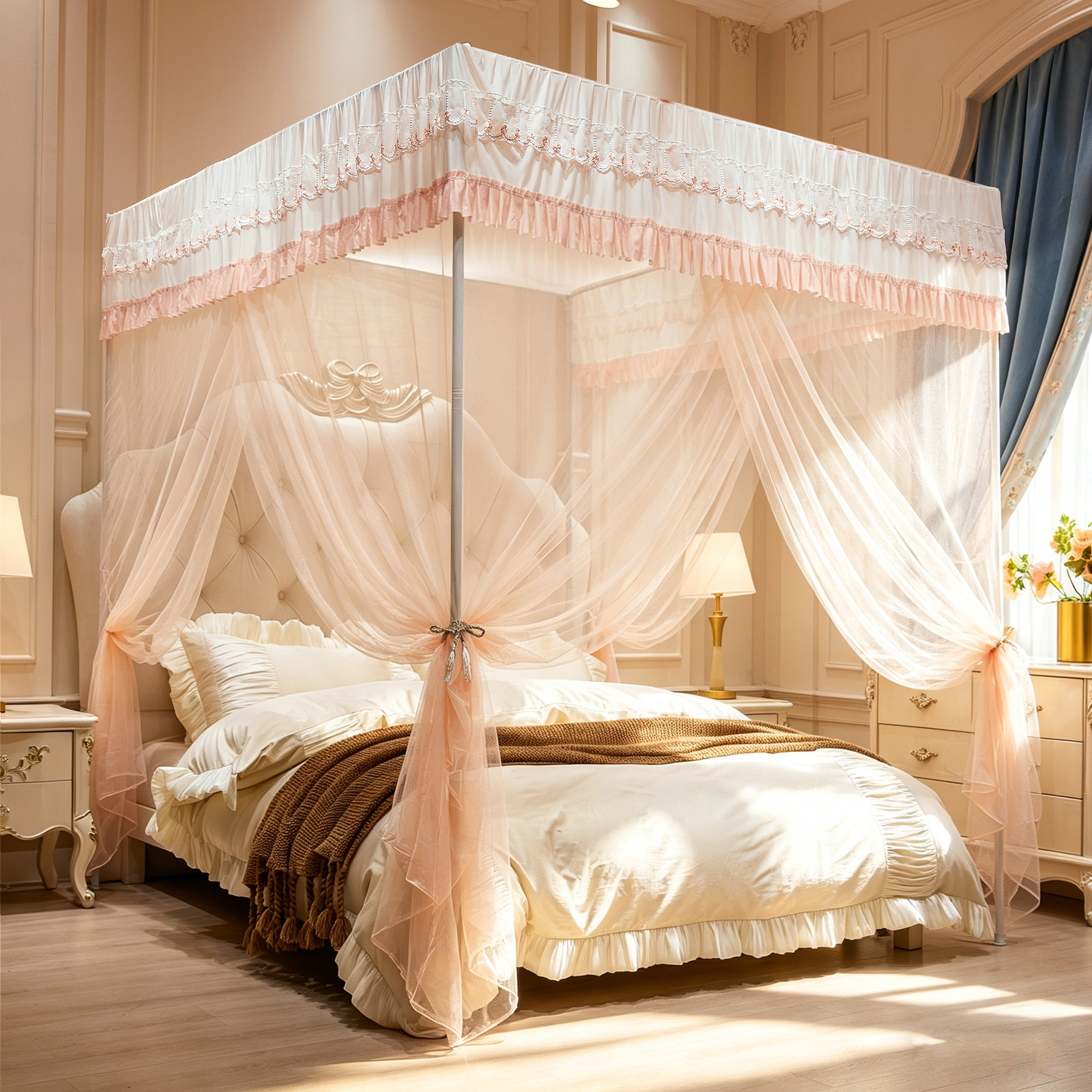 2026新款绣花边落地宫廷蚊帐加密加厚支架家用卧室纹帐三开门床幔