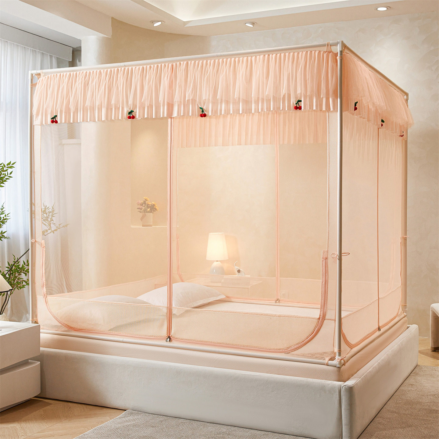 2026新款防摔蚊帐防掉床全罩回底床笠式拉链三开门蒙古包方帐家用