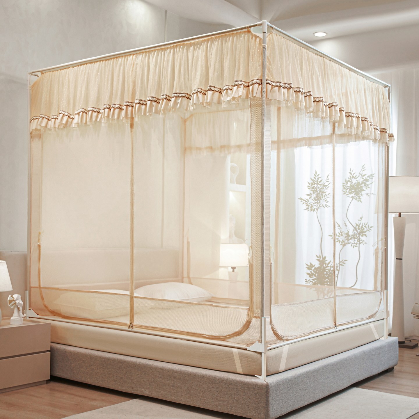 2026新款防摔蚊帐回底床笠款防掉床蒙古包拉链三开门方帐家用卧室