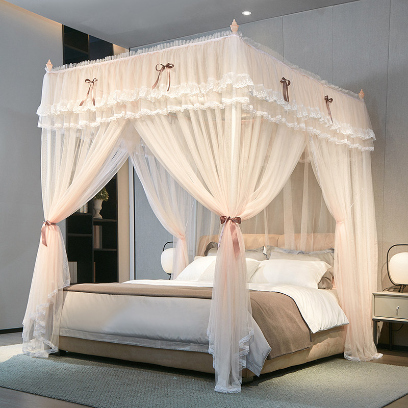 2026新款双层花边刺绣落地宫廷蚊帐加密加厚三开门公主风家用卧室