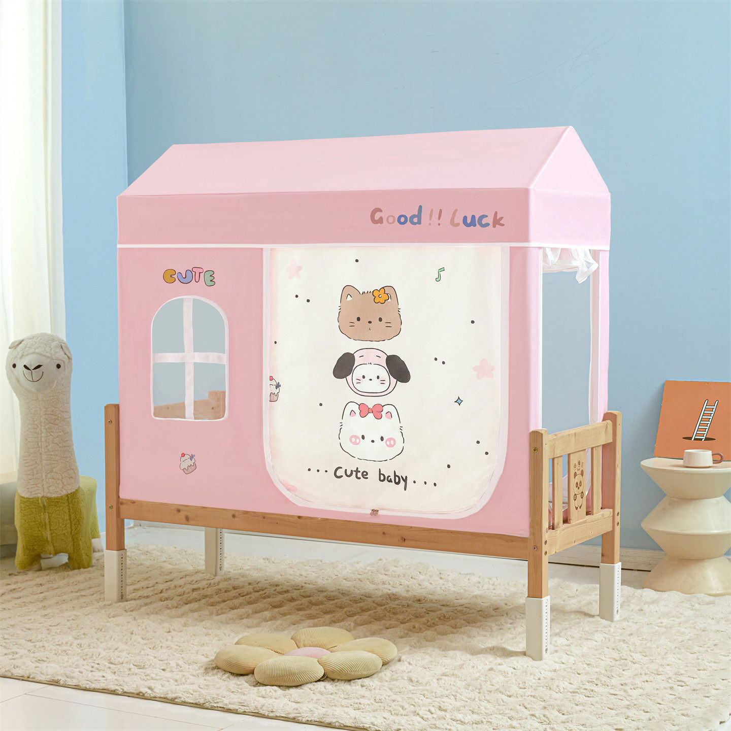 2026新款婴儿拼接床卡通遮光床帘蚊帐四开门防摔防止掉床全底可拆