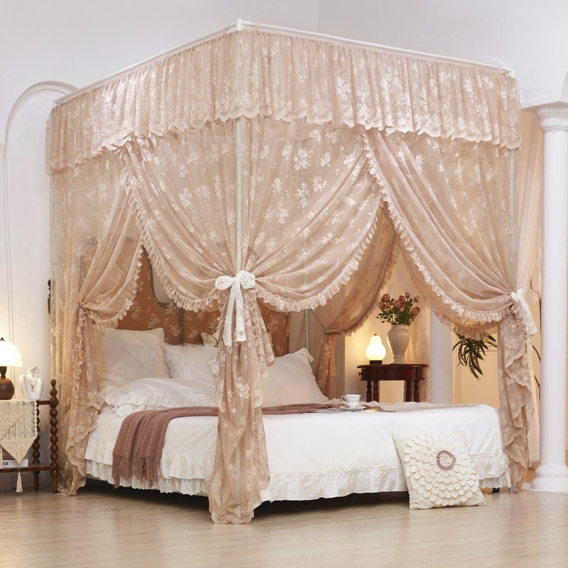 2026新款公主风蕾丝提花落地宫廷蚊帐加密三开门加厚床幔家用卧室
