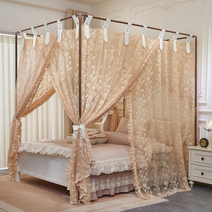 2026新款法式提花纽扣落地宫廷蚊帐床幔纱加密四柱三开门家用卧室