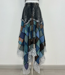 尼泊尔嬉皮士精灵风撞色拼接蕾丝半身裙显高显瘦
