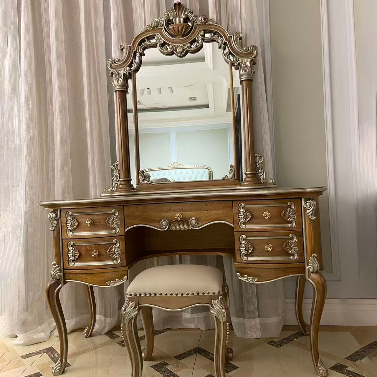 福溢家居梳妆桌欧式卧室化妆桌子法式新古典实木雕花梳妆台带镜子
