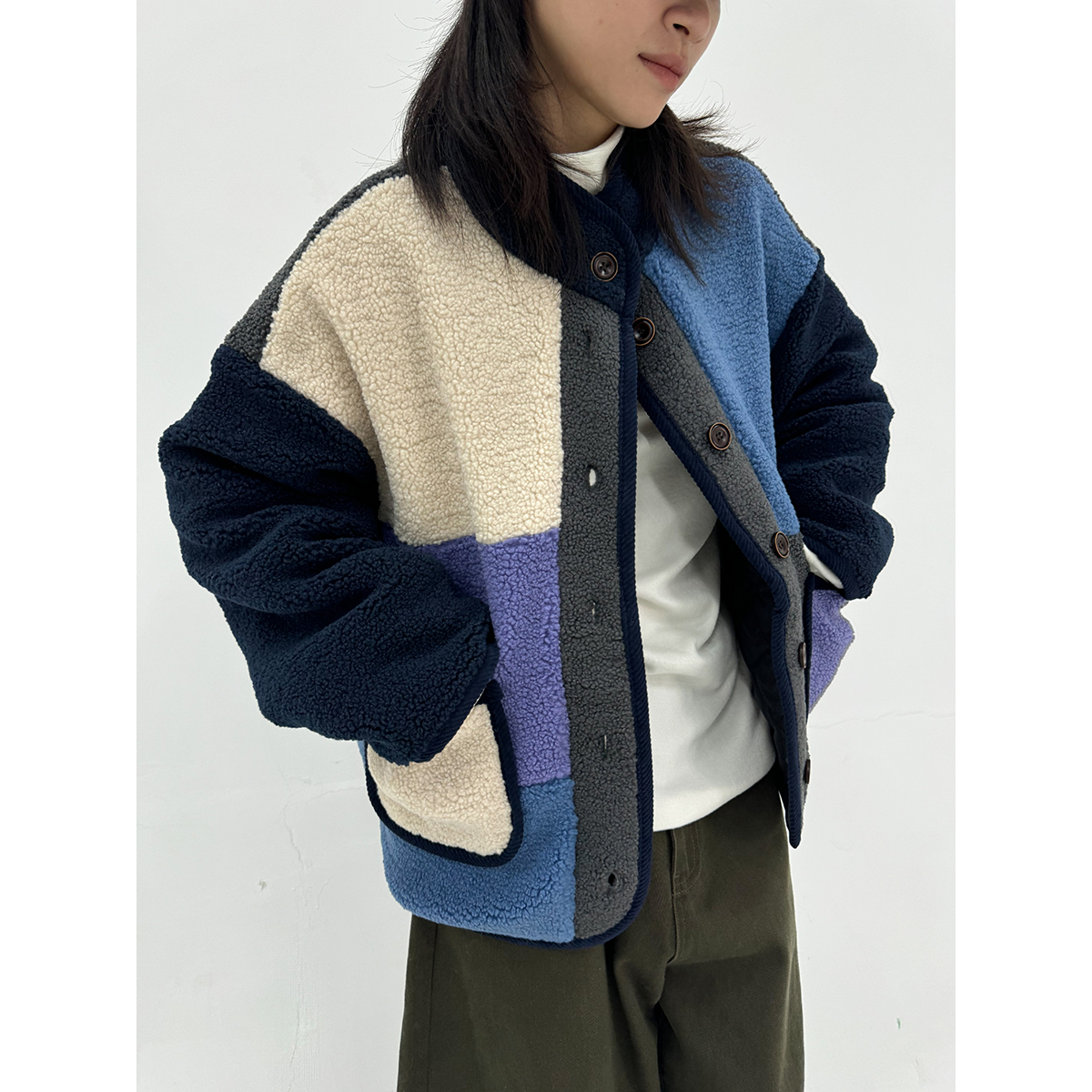 撞色拼接宽松日系加厚棉夹克大衣