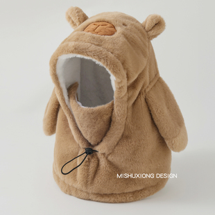 帽子女秋冬季卡皮巴拉加厚加绒户外骑行围巾一体面罩保暖东北防寒