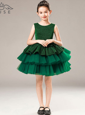 MUSE儿童礼服洋气墨绿色模特走秀小主持人服钢比赛服生日公主裙夏