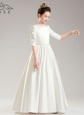 女童晚礼服白色中袖儿童生日花童婚礼小女孩高端钢琴演奏公主裙新