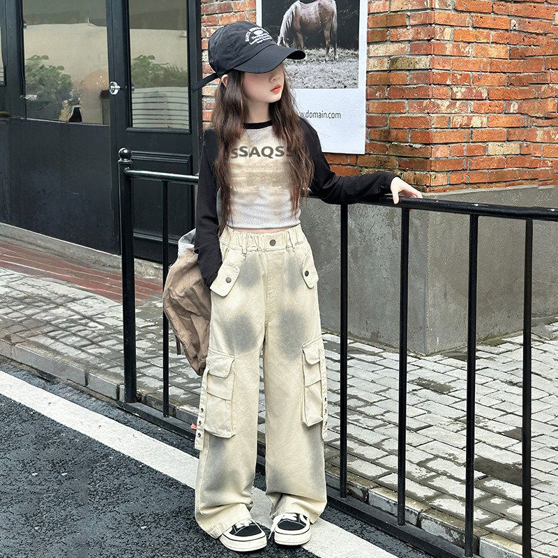 韩国女童套装春装2025新款儿童爵士街舞服女大童春季网红工装长裤