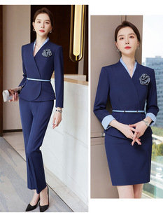 酒店工装女2024春秋V领制服套裙套裤ol销售前台美容师餐厅工作服