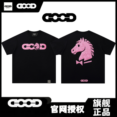 GOOD正品马年粉色马头印花时尚轻奢短袖T恤纯棉男女同款宽松情侣