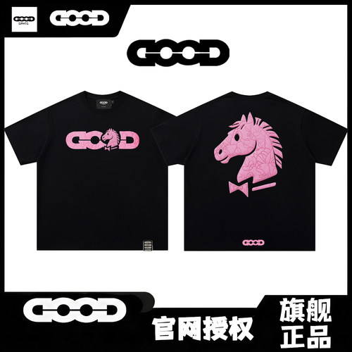GOOD正品马年粉色马头印花时尚轻奢短袖T恤纯棉男女同款宽松情侣