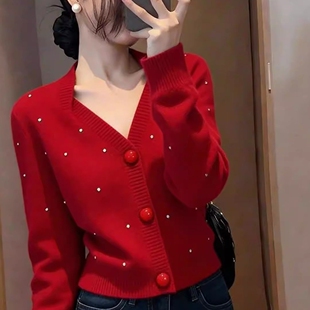 独特漂亮超好看套头针织衫女春季慵懒氛围感新年穿搭红色镂空毛衣