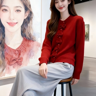 2026超火穿搭巨好看的红色上衣女韩版洋气显瘦蝴蝶结针织衫毛衣潮