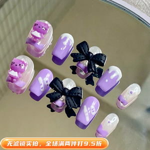 纯手工穿戴甲网红爆款绝美短款美甲手绘贴片蝴蝶结学生档假指甲贴