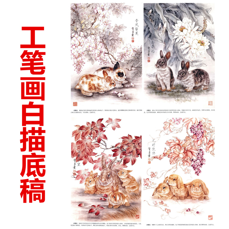 工笔画白描底稿兔子小动物生肖线描国画稿有步骤图+文字说明条幅