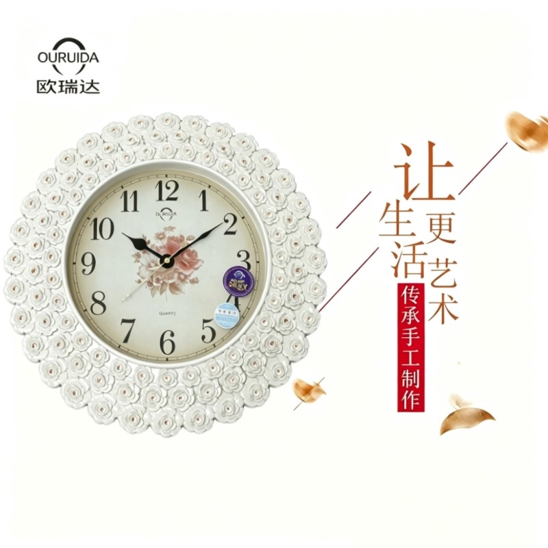 欧式复古田园风玫瑰花挂钟客厅卧室静音时钟创意个性石英钟表