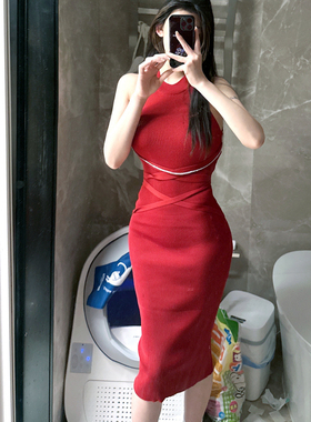 图图小有名气的御姐包臀修身连衣裙红色新年聚会包臀显白打底长裙