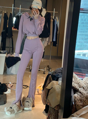 图图小有名气的紫色连帽卫衣纯色时尚开叉运动套装女休闲气质显白