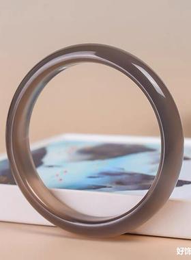 2026烟灰色玛瑙手镯玉髓正圈汉服饰品天然冰种玛瑙手镯女玉镯窄条