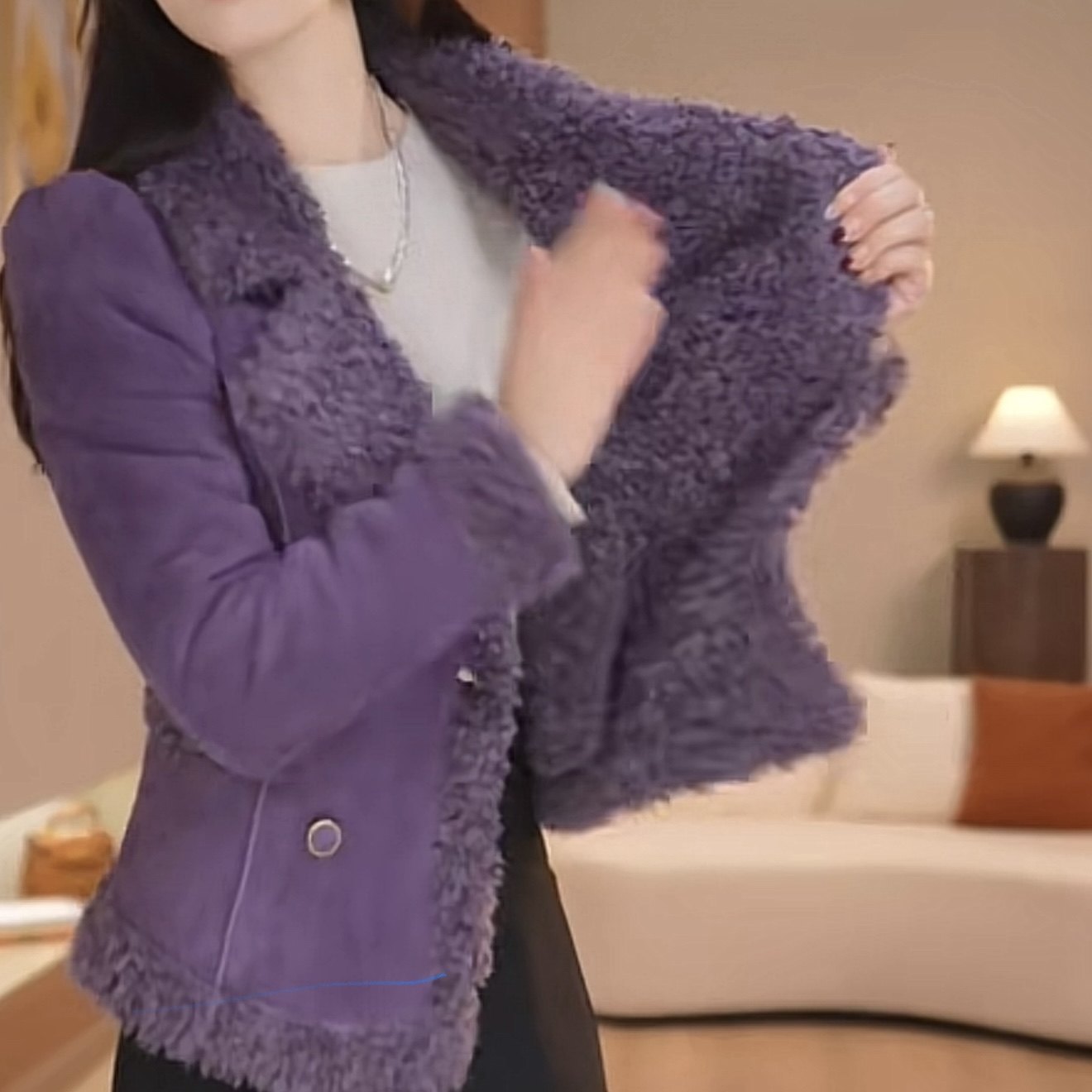小香风翻领紫色毛绒短外套女双排扣收腰百搭显瘦洋气上衣,女装/女士精品,短外套,淘宝优惠券,粉丝福利购,淘宝优惠卷