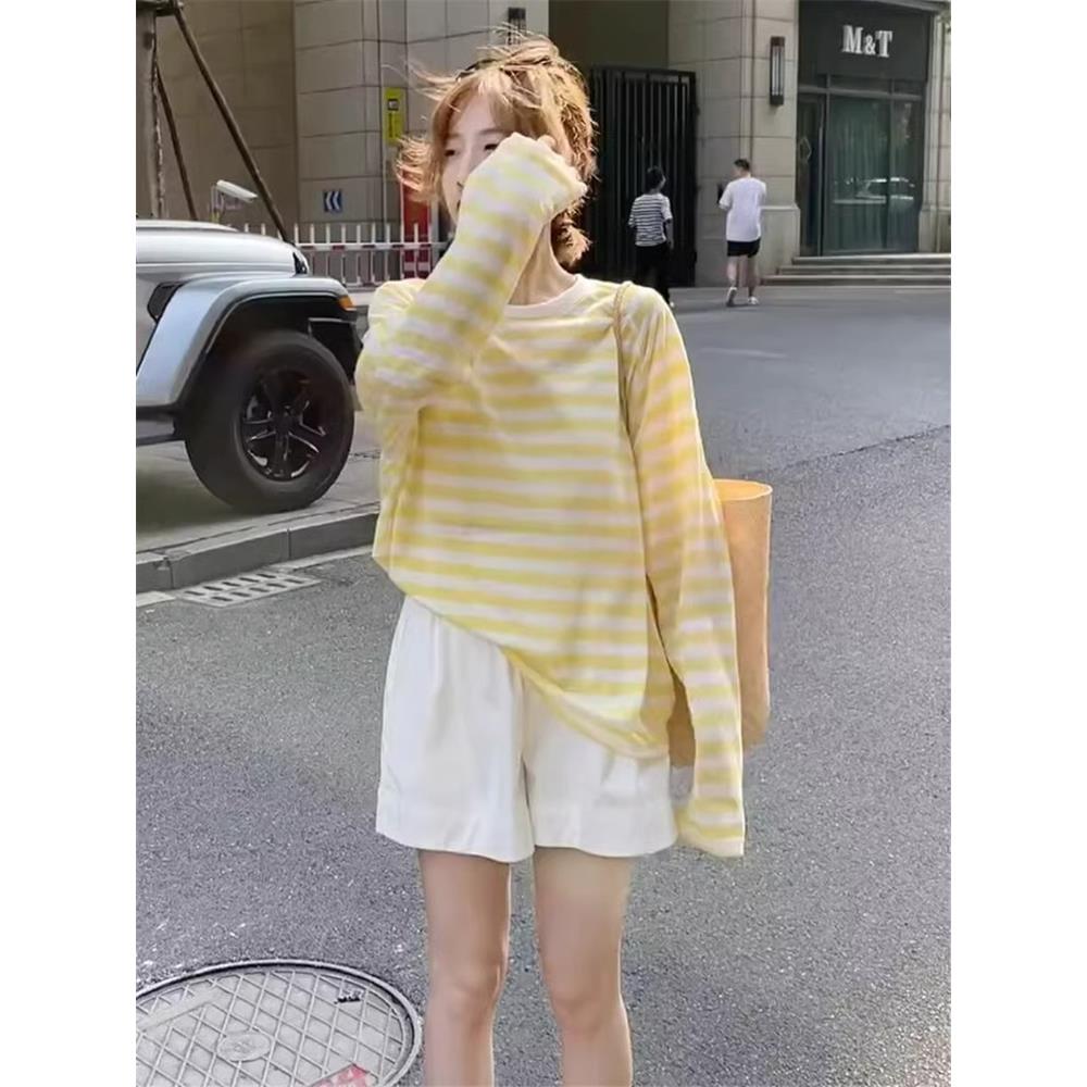 黄色条纹薄纱防晒罩衫女夏季薄款松弛感外搭冰丝长袖t恤外穿上衣