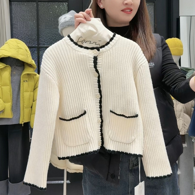 FAZ 6158 拼色线包边开衫毛衣